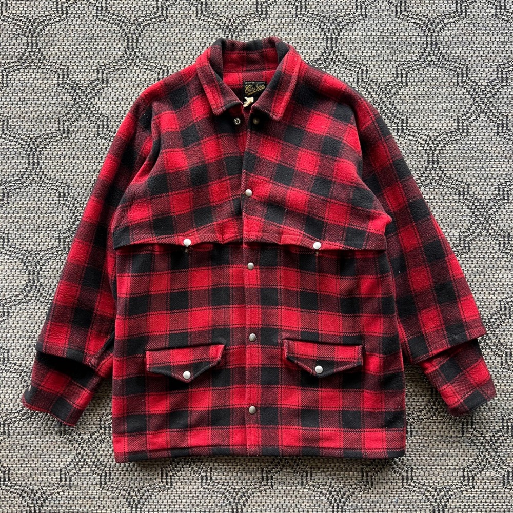 Vintage Caribou Jacket Mens Large Red Black Wool Cruiser Buffalo Plaid Union 40s